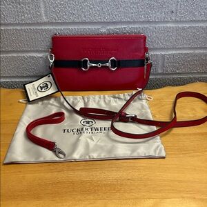 Tucker Tweed Equestrian Wellington Cross Body Bag Wristlet Clutch Red Leather